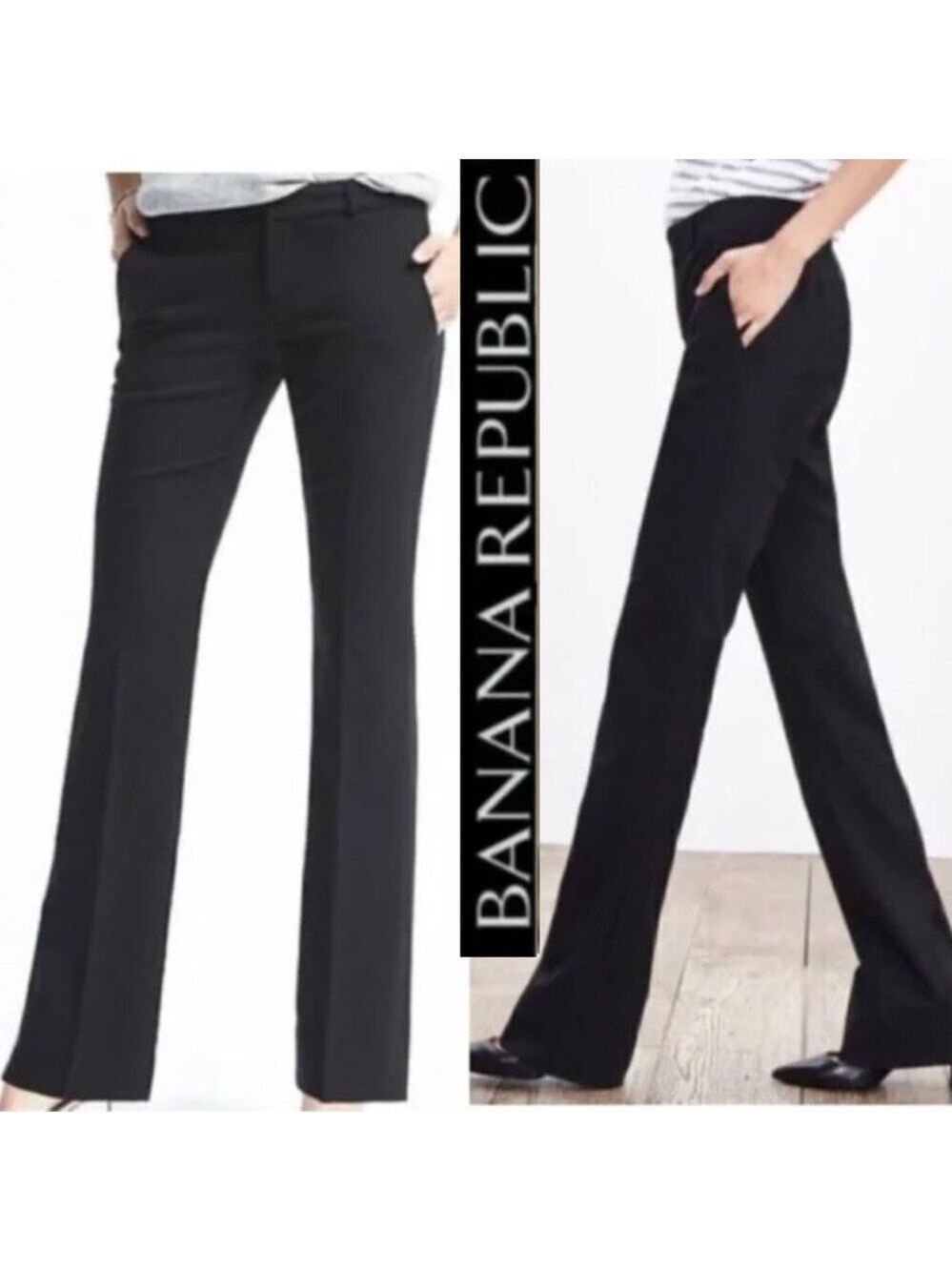 Banana Republic WOOL Martin Fit Pants Black Straight Leg Trousers Size 8